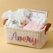 Personalized Embroidered Baby Storage Basket - Custom Embroidered Name Toy Bin - Baby Christening Gift Knitted Wire Basket - Multicolor - View 3
