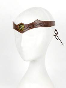 1 pieza Diadema de cuero PU vintage con grabado de hoja y decoración de rosa dorada, tiara de cosplay de elfo medieval renacentista, accesorio de Halloween - A - Ver 4
