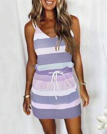 Vestido largo tipo camisola holgado con estampado de rayas, moda de verano para mujeres europeas y americanas. - Verde - Ver 4
