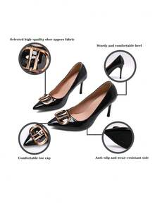 Elegant Women's Pointed Toe High Heel Pumps, Solid Color Stiletto Heels, Comfortable Glossy PU Upper, Durable TPR Sole, Polyurethane Lining And Insole, Versatile Classic Work Shoes For All Seasons - Black - View 4