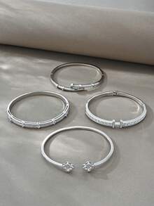 Silver Bracelet Set, Versatile Copper With Zirconia Inlay, Suitable For Daily Wear, Gatherings, Dates, Parties, Gifts - Silver - View 6
