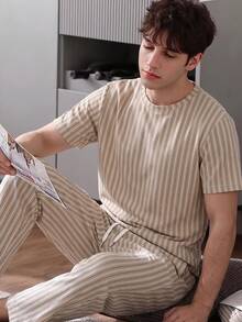 Men's Summer Striped Crew Neck Casual T-Shirt And Casual Long Pants Loungewear Set - Light Grey - View 3