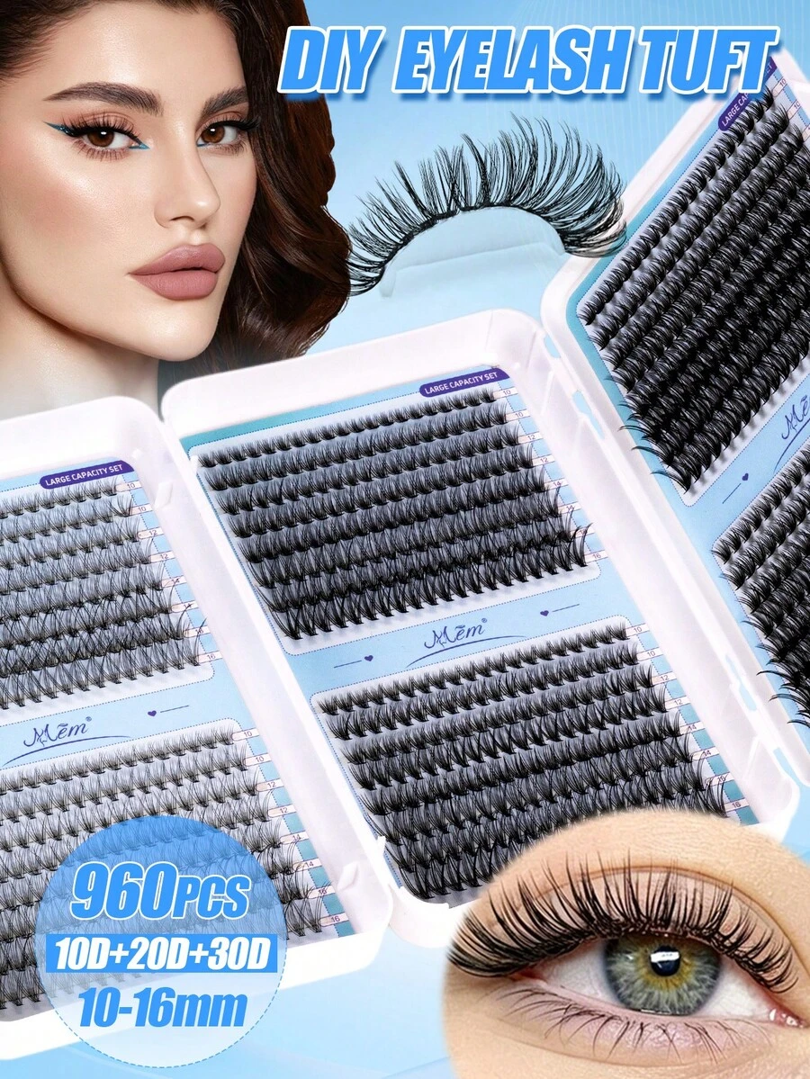 960 Pieces Of D-Roll Clustered False Eyelashes, Mixed Density Of 10d/20D/30D, 9-16mm, Fluffy, Natural And Long-Lasting, Large Capacity Set, Suitable For Beginners To DIY Eyelash Extensions At Home, Laser Clusters, Cat Eye Eyelashes, Manga Eyelashes