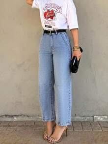 New Y2K Style Women's Cropped Straight Leg Jeans, Light Wash, Button Detail, Medium Stretch, Suitable For All Seasons - Medium Wash - View 3