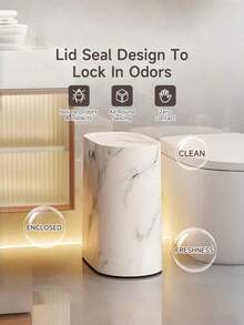 Compact Marble & Wood Grain Plastic Triangular Trash Can With Lid, Push-Open Lid, Suitable For Bathroom, Hotel, Homestay, Kitchen, Living Room, Narrow Triangular Trash Can - White Striped Trash Can - View 6