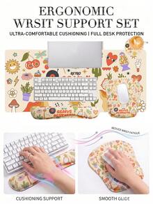 Retro Doodle Desk Mat Set - Large Pink Aesthetic Gaming Mouse Pad With Keyboard & Mouse Wrist Rest, Non-Slip Waterproof Extended Desk Pad With Cute 70s 80s Stickers, Rainbow & Music Design For Teen Girls & Gamers - View 6