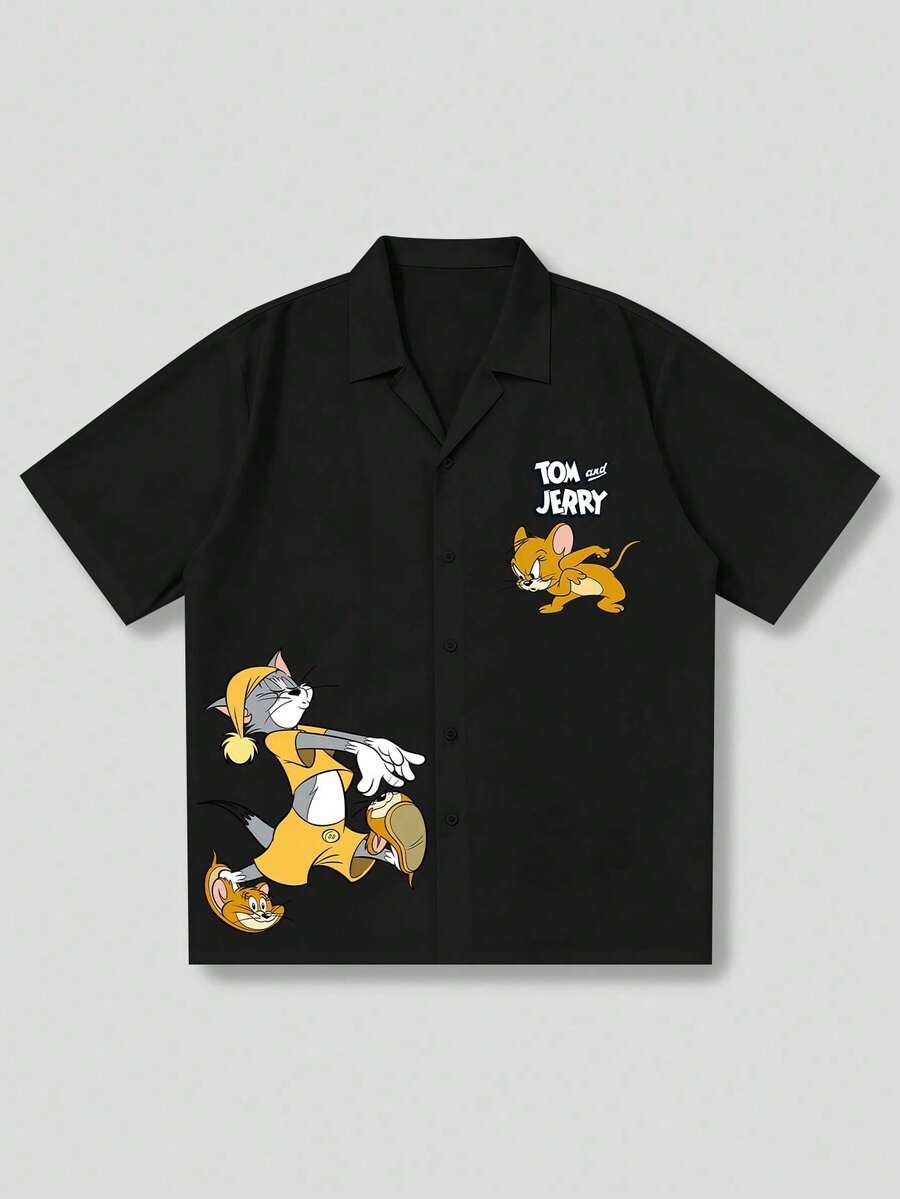 Strevion TOM & JERRY Men's Casual Simple Jerry Curious & Tom Sleepwalking Print Short Sleeve Shirt - Black - View 1