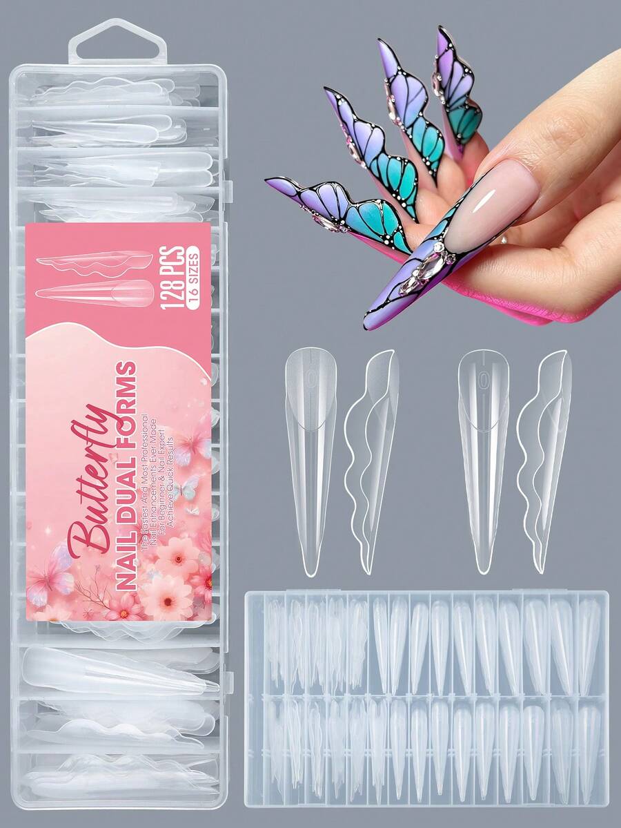 1 Caja de Moldes de Extensión de Uñas Acrílicas con Diseño de Mariposa, Formas de Esculpido de Gel UV Rápido Sin Papel en Múltiples Tamaños, Suministros Imprescindibles de Arte de Uñas para Salón & Manicura DIY en Casa - transparente - Ver 1