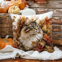 1pc Autumn Maple Leaf Long Hair Cat Print Pattern Polyester Pillow Case [Pillow Insert Not Included], 17.7*17.7in(45*45cm)/19.69*19.69in(50*50cm)/15.75*15.75in(40*40cm), [Single-Sided Printing] Cat Lover Gift Cushion Cover Room Decor, Home Decor, Bedroom Decor, Room Decoration Stuff For Sofa, Bed, Living Room, Bedroom, Car, Office, Hotel Decoration Throw Pillow Covers All Season Use Perfect Gift For Family And Friends - Multicolor - View 9