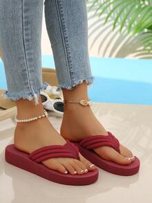 Women's Summer Party & Daily Candy Color Bright Flat Plus Size Sandals, Solid Color Floral Decor Flip Flops, Casual Lightweight Outdoor Beach Shoes - Burgundy - View 7