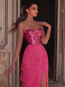 Elegant Solid Color Sequin Strapless Maxi Dress, Multi-Layer Fringe Hem, Luxury Evening Gown Suitable For Galas, Weddings Or Formal Occasions Spring Party - Hot Pink - View 3