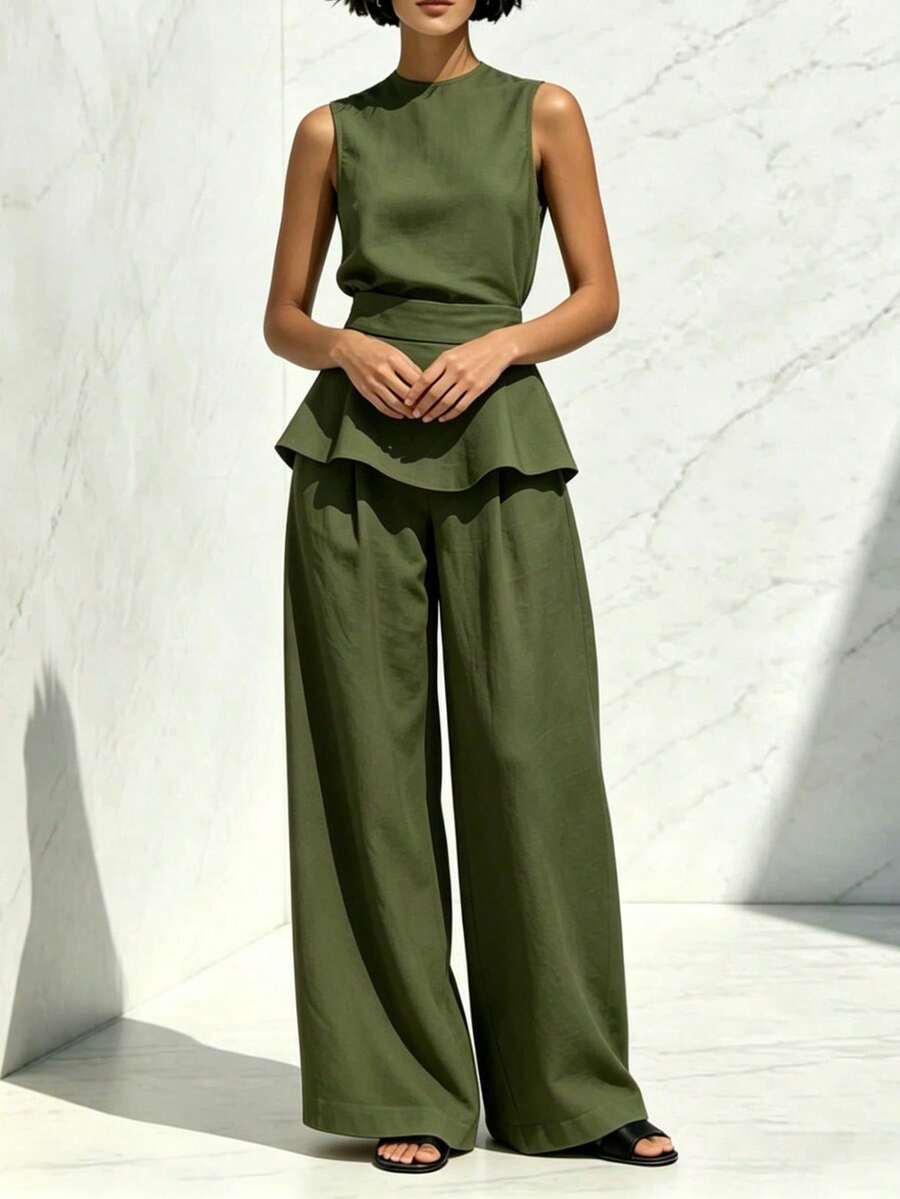Women's Two-Piece Set: Sleeveless Blouse With Round Neck, Ruffled Hem, Fitted Waist, And Textured Palazzo Pants; Elegant Casual Outfit For Office, Everyday Wear, And Going Out - 軍綠色 - 查看 1