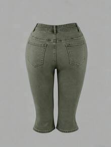 Jeans Capri de Mezclilla Retro Callejero de Tiro Medio Elástico con Abertura 3/4 Ajuste Slim Casual para Salidas y Citas de Verano/Primavera - Verde militar - Ver 5