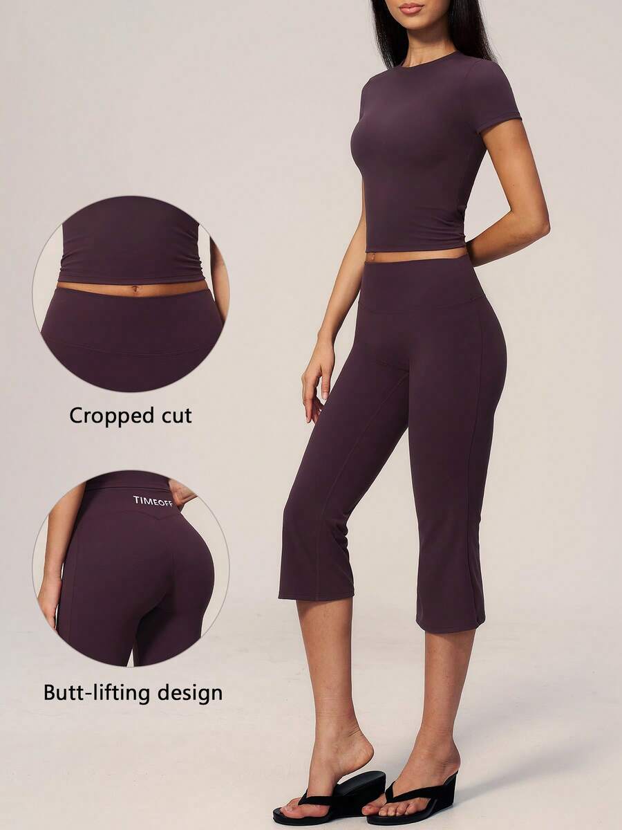 TimeOff Conjunto deportivo de mujer de un solo color con cuello redondo, manga corta, pantalones acampanados de largo medio - Morado - Ver 1