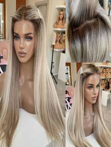 13x4 Honey Blonde Highlight Straight Lace Front Wig, 180% Density Long Straight Linen Texture HD Lace Front Wig, 32 Inches - Multicolor - View 12