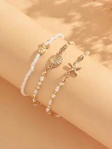 3pcs/Set Vacation Ocean Style Small Fish Starfish Shell Decor With Gold White Rice Bead Fashion Versatile Anklet Women's Foot Jewelry Suitable For Summer Beach Outings And Daily Wear, Rice Bead Color And Size Are Random And Not Fixed - Multicolor - View 3