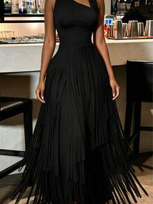 Summer Dresses For WomenWomen's Solid Fringe Maxi Dress, Sexy Bodycon Party Cocktail Dress For Summerdresses For Women - 黑色 - 查看 6