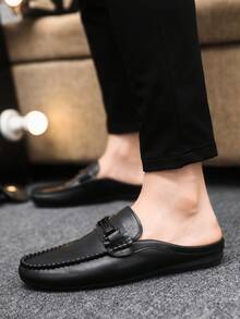 Men's Metal Buckle Minimalist Outdoor Indoor Summer Slip-On Flat Half-Back Loafers (Size Runs Small, Order One Size Up For Larger Feet) - Black - View 4