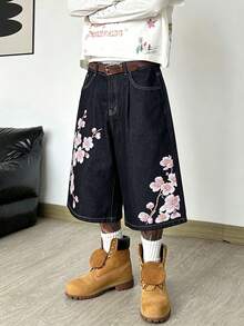 1pc Justice Brother Korean Streetwear Graphic Print Black Denim Casual Loose Fit Shorts, Mid-Length (Belt And Accessories Not Included) - Black - View 1
