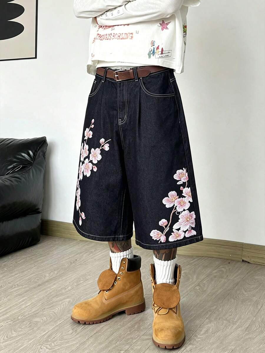 1pc Justice Brother Korean Streetwear Graphic Print Black Denim Casual Loose Fit Shorts, Mid-Length (Belt And Accessories Not Included) - Black - View 1