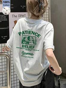 Women's Fashion Casual Round Neck Loose Fit Letter Slogan Print Short Sleeve T-Shirt, Spring/Summer - Light Gray - View 2