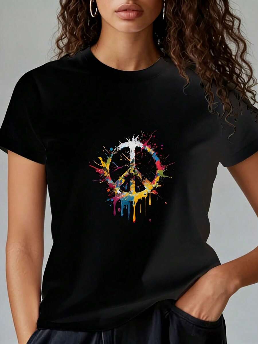 Camiseta de manga corta para mujer, talla grande, con estampado de salpicaduras de pintura y símbolo de la paz, cuello redondo, diseño novedoso, informal, divertida, con estampado gráfico, 1 - Negro - Ver 1