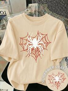 1 Piece Fashion Casual For Men And Women New Women's Round Neck T-Shirt, Short Sleeve, Loose, Casual And Versatile With Spider Print Soft Fabric With Good Drape, Versatile, Easy - 杏色 - 查看 1