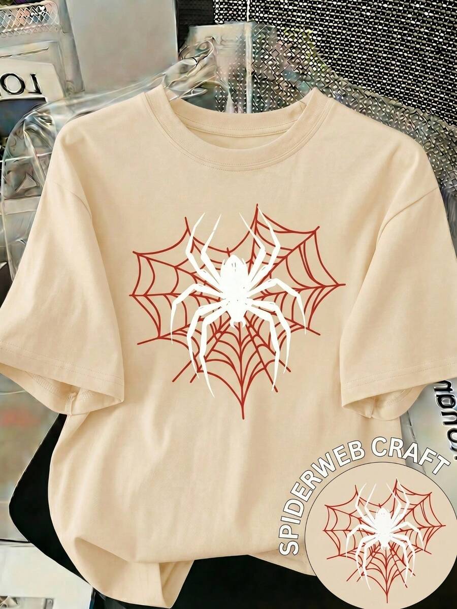 1 Piece Fashion Casual For Men And Women New Women's Round Neck T-Shirt, Short Sleeve, Loose, Casual And Versatile With Spider Print Soft Fabric With Good Drape, Versatile, Easy - 杏色 - 查看 1