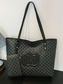 大容量通勤百搭休閒托特包 女款新款個性簡約時尚印花單肩包 - 黑色 - 查看 9