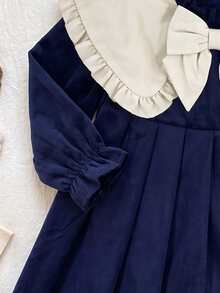Baby Girl Spring/Autumn Shawl Collar Royal Blue Corduroy Fabric Dress - Royal Blue - View 4