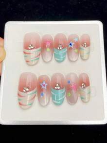 10PCS Oval Handmade Press On Nails, Y2K,Summer Vacation, Graduation Season, World Cup, Spring And Summer, Suitable For Girls And Women Festivals,Music Festival,Daily Wear,Valentine's Day Gift. - Multicolor - View 12