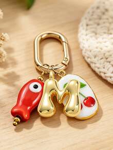 Spring Buckle Keychain, Letter Fish Cherry Keyring, Letter Bag Accessory, Metal Letter Pendant, 3D Puffy Gold Letter Bag Charm, Initial Bag Decoration, Letter Key Accessory, Fruit Theme Keychain, Beach Vacation Bag Charm, Daily Handbag Decoration, Gift Letter Keychain, Suitable For Women's Wallet, Bag, Car Accessory, Bag Charm, Campus Style Cute Gothic Y2K Style, Can Be Used As Mother's Day, Graduation Season, Teacher's Day Gift - Multicolor - View 5