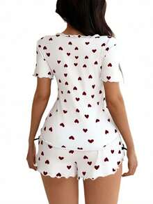 Red Heart Pattern Floral Print Ear Cover Bow Decor Short Sleeve Set, Sweet And Cute, Short Sleeve Shorts Pajama Set - White - View 5