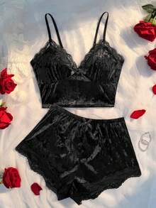Hourtrue 2pcs Women V-Neck Solid Color Pajama Set, V-Neck Lace Trim Camisole Top With Bow Waist Shorts, Soft & Comfortable Sleepwear Set - Black - View 11