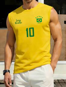 Men's Sports Tank Top, Retro Brazil Football Jersey - Legendary Number 10, Casual Football Fan, Football Shirt, Regular Fit Sleeveless Fitness Wear, Soft And Comfortable Fabric - Yellow - View 2