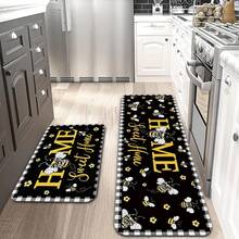 [Holiday Gift] 1pc, 1pc Farmhouse Kitchen Mat With Black Background And Yellow Bee Decorative Pattern, Holiday Gift, Festive Party Decoration Accessories, Soft Flannel Material For Sink Area, Hallway Runner Mat, Suitable For Living Room, Bedroom, Din - Multicolor - View 7