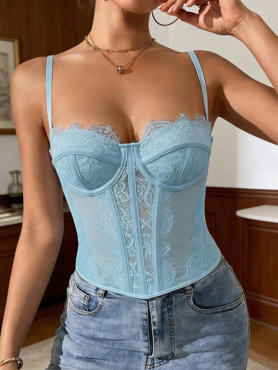 Fashionable Seamless Bra With Thin Straps, Sexy Strapless Tight Lace Crop Top - Biru - View 1