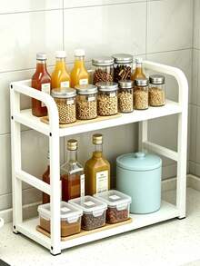 1pc Double Layer Large Capacity Spice Rack, Kitchen Cabinet Organizer, Kitchen Countertop Multi-Functional Storage Rack, Home Storage Rack, Spice Jar Storage Rack With Hook Accessories - Black - View 9
