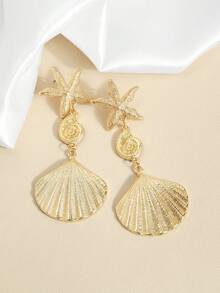 1 par de pendientes vintage exagerados de concha de vieira dorada, pendientes colgantes versátiles y creativos de concha & estrella de mar para mujeres - Dorado - Ver 6