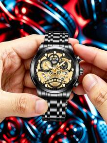 1pc Men's Watch 41mm Case Fashion Hollow Mechanical-Style Dial Luminous Rivet Luxury Clock Stainless Steel Band Original Quartz Movement Real Calendar Sport Fashion Casual Business Suitable For Home Decor And Men's Gift Classic Men's Wrist Watch - Black - View 5