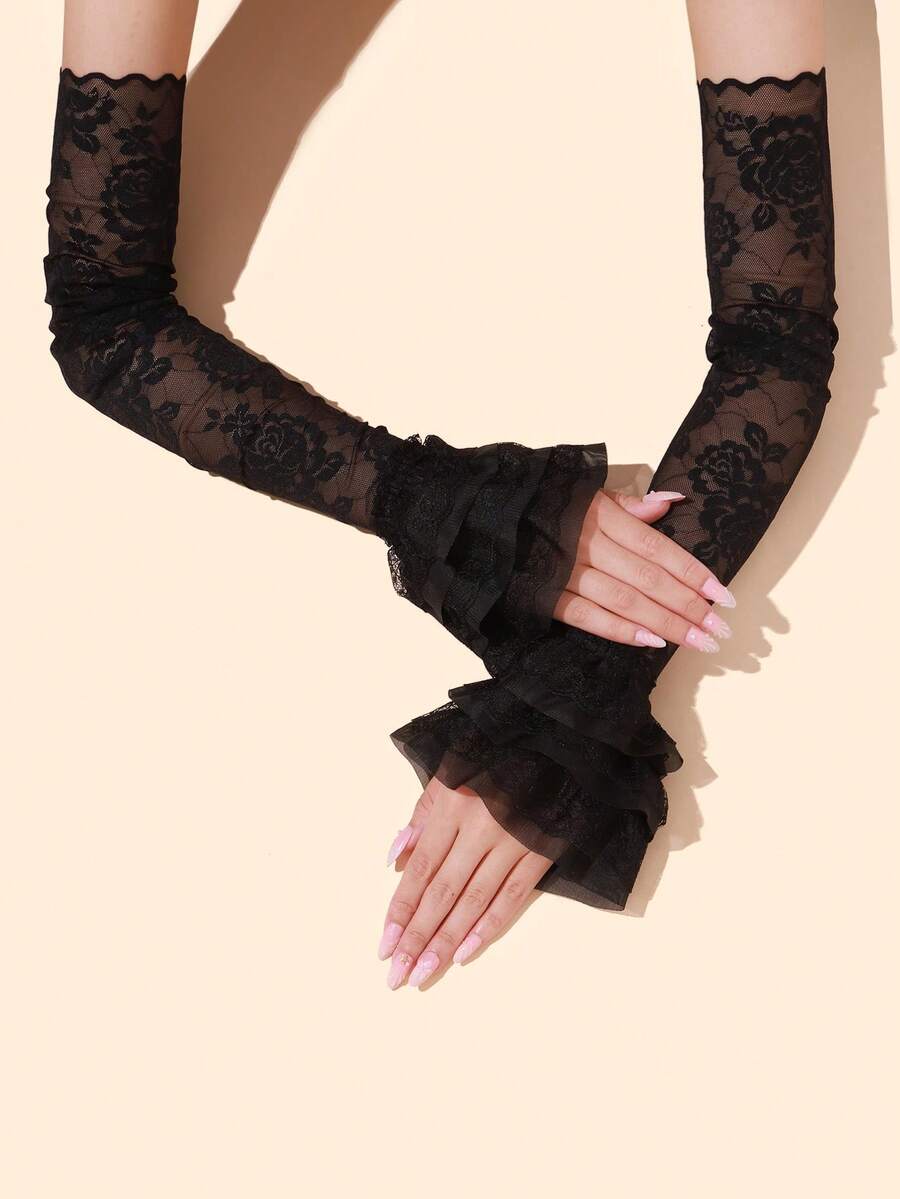 1 Paar süße Spitzen-Ärmel ohne Finger, dünne atmungsaktive Sonnenschutz-Ärmelhandschuhe, hoch elastische sexy Armstulpen zum Verbergen von Narben/Tattoos und zum Autofahren - Schwarz - Übersicht 1