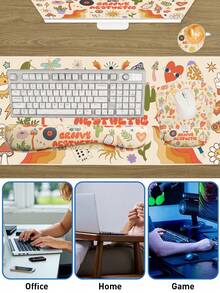 Retro Doodle Desk Mat Set - Large Pink Aesthetic Gaming Mouse Pad With Keyboard & Mouse Wrist Rest, Non-Slip Waterproof Extended Desk Pad With Cute 70s 80s Stickers, Rainbow & Music Design For Teen Girls & Gamers - View 9