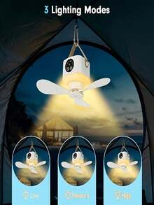 戶外露營便攜式掛式帳篷風扇，附超亮 LED 燈，大容量可充電電池迷你掛扇，4 段可調風速，定時與遙控控制，Type-C 快充，適用於帳篷、宿舍、臥室、後院、露台、花園 - 1個 - 查看 9