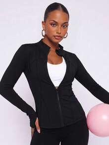 VUTRU 1pc Women Sport Jacket With Thumb Hole, Slim Fit For Running Yoga Black Spring Sports - Black - View 9