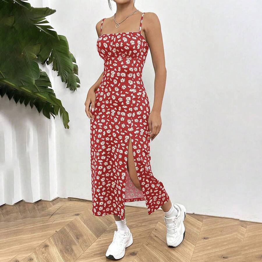 Nuevo Vestido Bodycon Mini con Estampado de Margaritas, Sin Tirantes, con Abertura en el Pecho, para Mujer, Primavera/Verano - Rojo - Ver 1