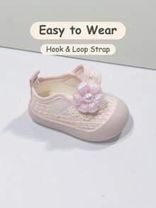 1 Par de Sapatos Mary Jane para Meninas Pequenas com Renda, Flor de Pérola 3D, Sapatos Planos de Malha com Fechamento de Gancho e Laço, Uso Diário em Todas as Estações (Tamanho por Palmilha em cm) - Rosa Bebê - Visão 5