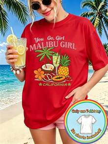 Y2K Style Women's Cotton T-Shirt, 1 Piece Of Plus Size Women's Summer Clothing, With "You Go, / MALIBU / CALIFORNIA" Print And California Tropical Fruit Motifs. - 紅色 - 查看 1
