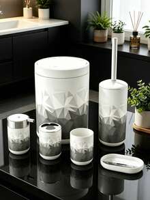 6 Pcs Stylish Printed Bathroom Accessories Set, Bathroom Suite,Complete Bathroom Counter Organizer Kit With Trash Can, Toilet Brush Holder, Soap Dispenser, Toothbrush Holder, Mouthwash Cup & Soap Dish, Modern Home Bathroom Vanity Decor Gift Set - Prism Print Bathroom Fixtures - View 4