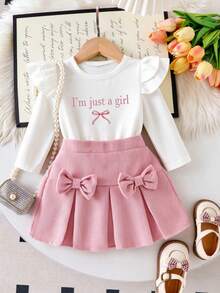 Baby Girl Cartoon Print Round Neck Long Sleeve Top And Skirt Set - White - View 1