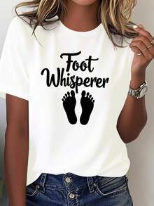 Comfortable And Pure T-Shirt For Women "Foot Whisperer" With Cursive Feet Design - [White] - View 1